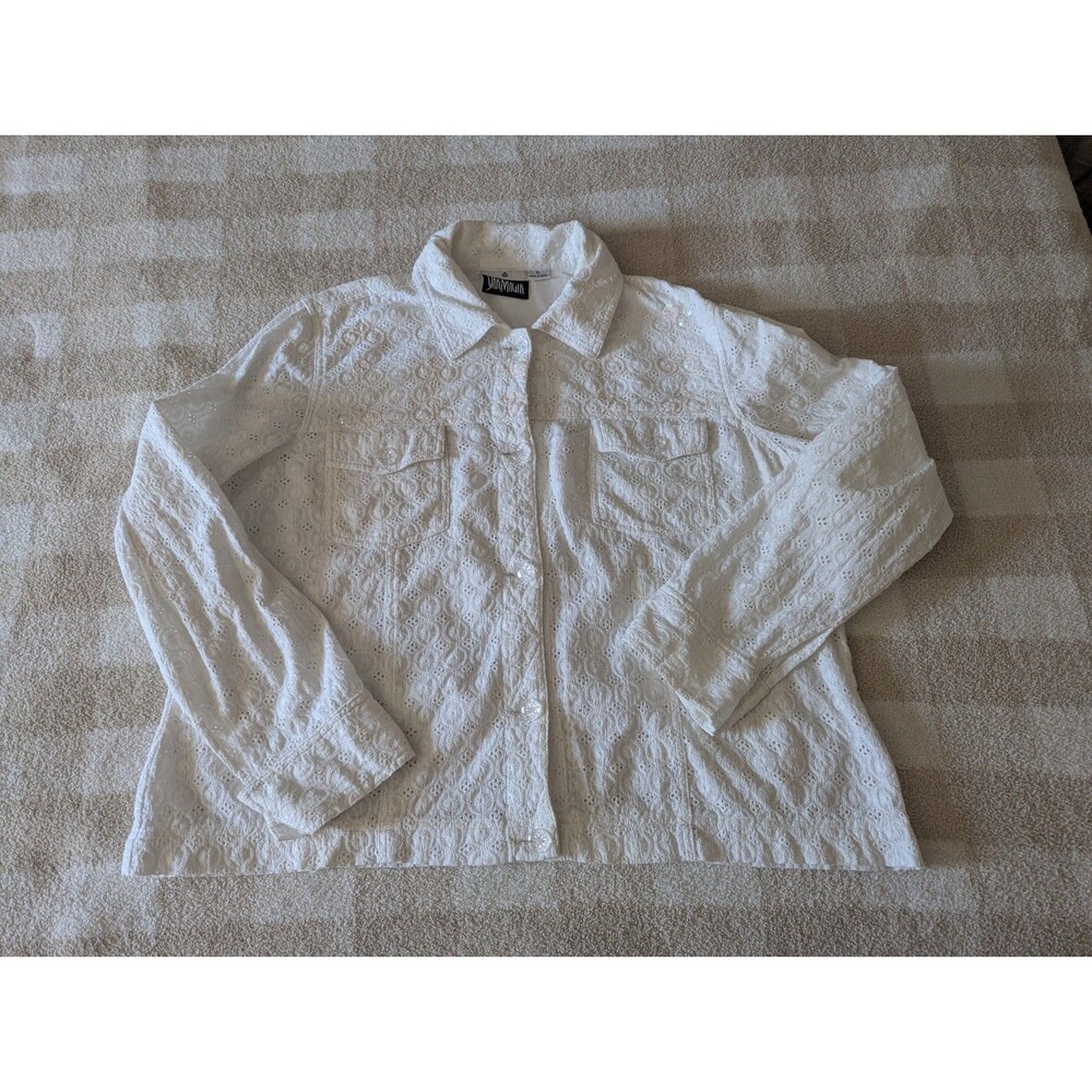 Yak Magik Womens XL White Eyelet Embroidery Sequin Jacket Button Up Cottagecore